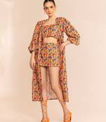 Multi geometry print long jacket with crop top and pencil skirt co-ord set