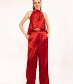Red hot halter backless top with cordinated pants