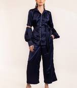 Midnight blue satin shirt with sleeve cut out detail and coordinated pant set