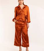 Rust satin scallop cutout placard shirt with coordinated pant set