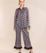 French blue printed shirt with feather hem trousers