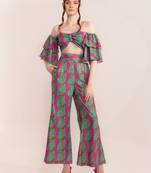 Multi swirl off shoulder top with high-waisted trouser