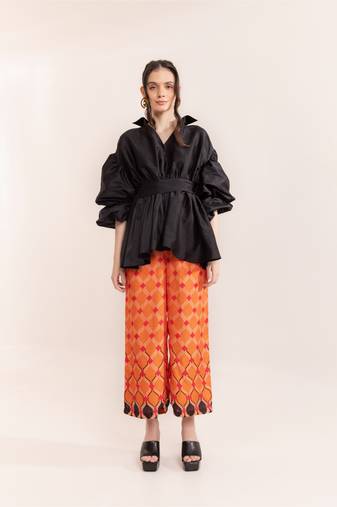 Black beauty shirt with orange dragon fire pants