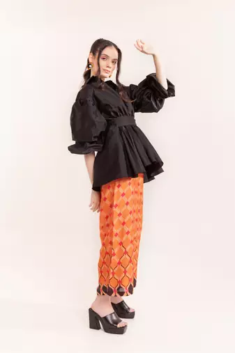 Black beauty shirt with orange dragon fire pants