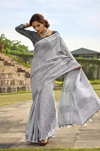 Grey linen blend saree with unstitched linen blouse piece