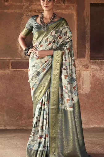 Mint silk blend saree with unstitched blouse piece