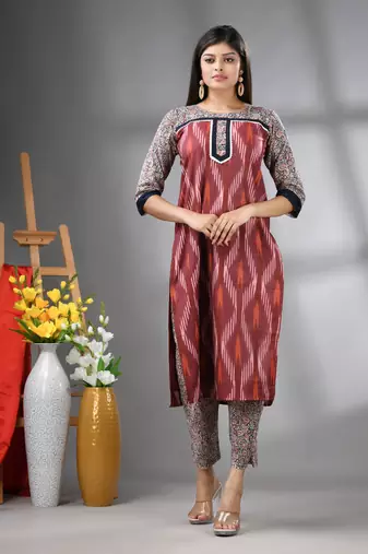 Brown cotton printed stright kurta set