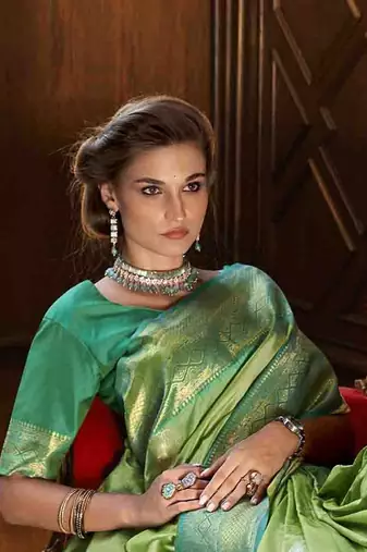 Parrot green silk blend saree with unstitched blouse piece