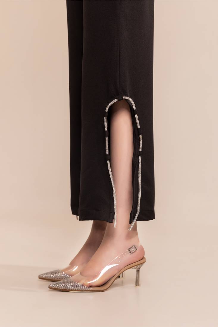 Blazing black side rhinestone slit trouser