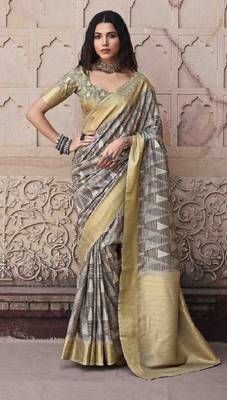 Beige silk blend saree with unstitched blouse piece 1
