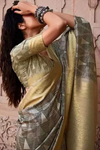 Beige silk blend saree with unstitched blouse piece