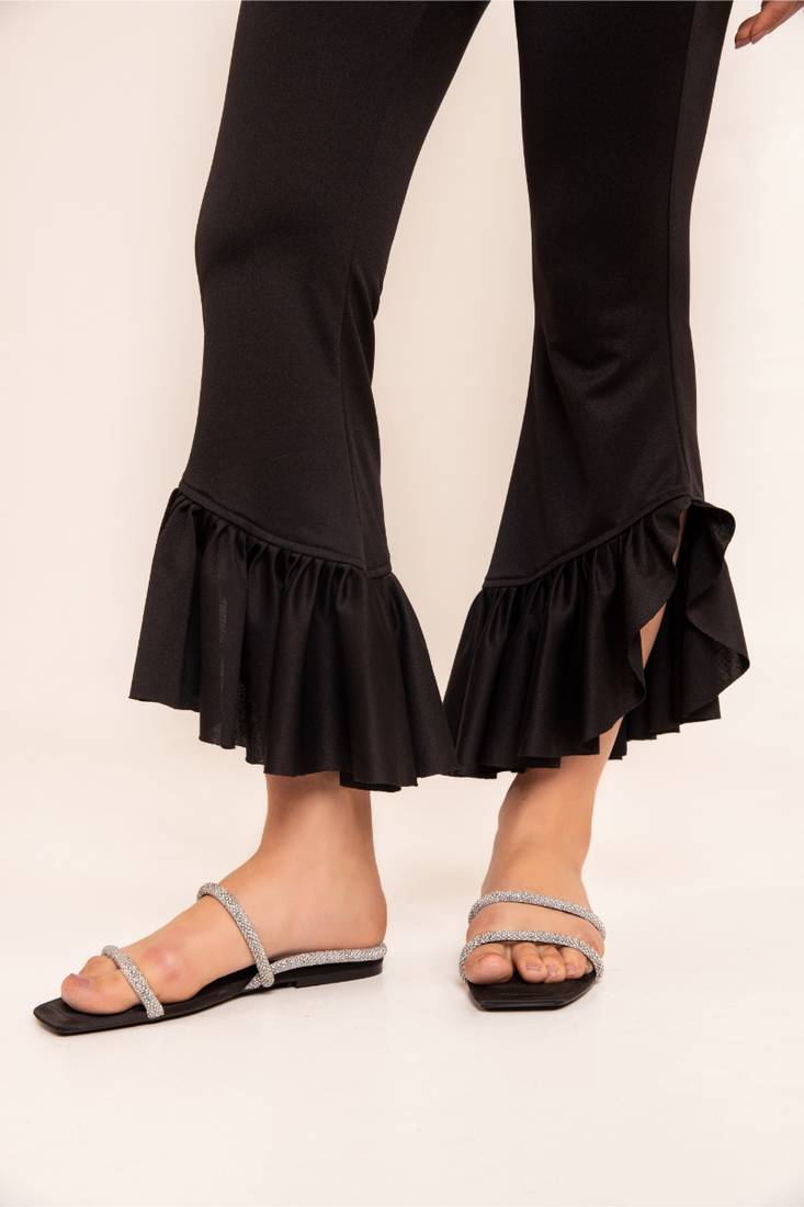 Black beauty ruffled hem high waisted pants