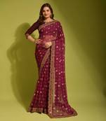 wine  georgette  saree comes with matching blouse