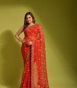 red  georgette  saree comes with matching blouse