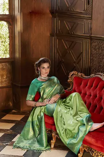 Parrot green silk blend saree with unstitched blouse piece
