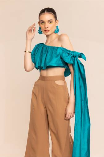 Aqua splash blue one shoulder side tie up top