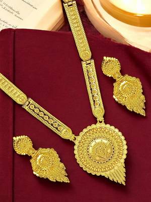 Gold plated round shape long haaram necklace set 1