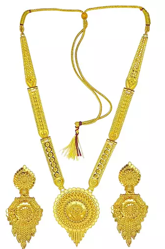 Gold plated round shape long haaram necklace set