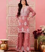 Hand embroidered dusty peach modal lucknowi chikankari garara set
