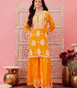 Hand embroidered yellow modal lucknowi chikankari garara set