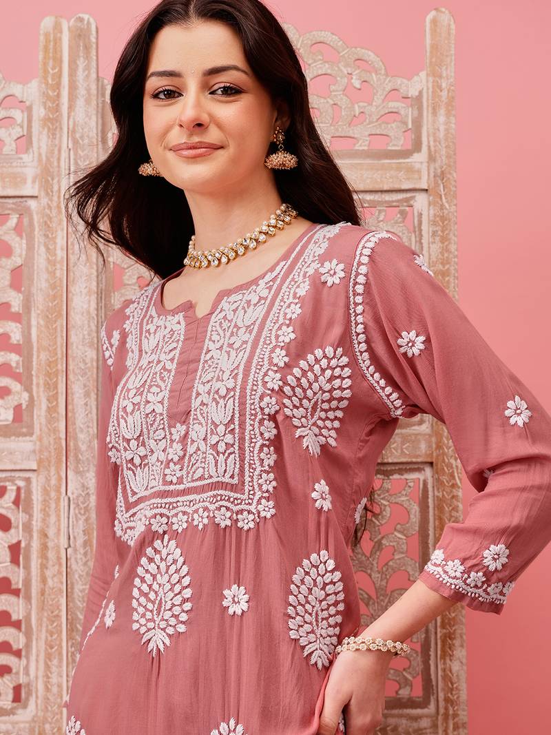 Hand embroidered dusty peach modal lucknowi chikankari garara set