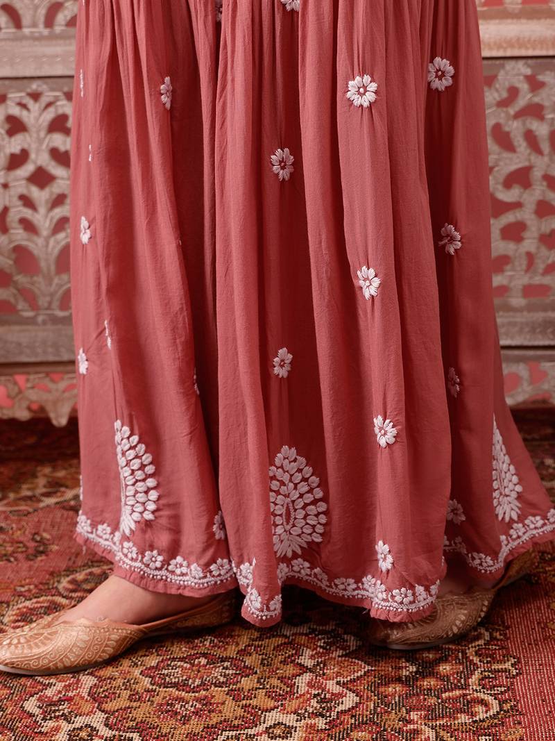 Hand embroidered dusty peach modal lucknowi chikankari garara set