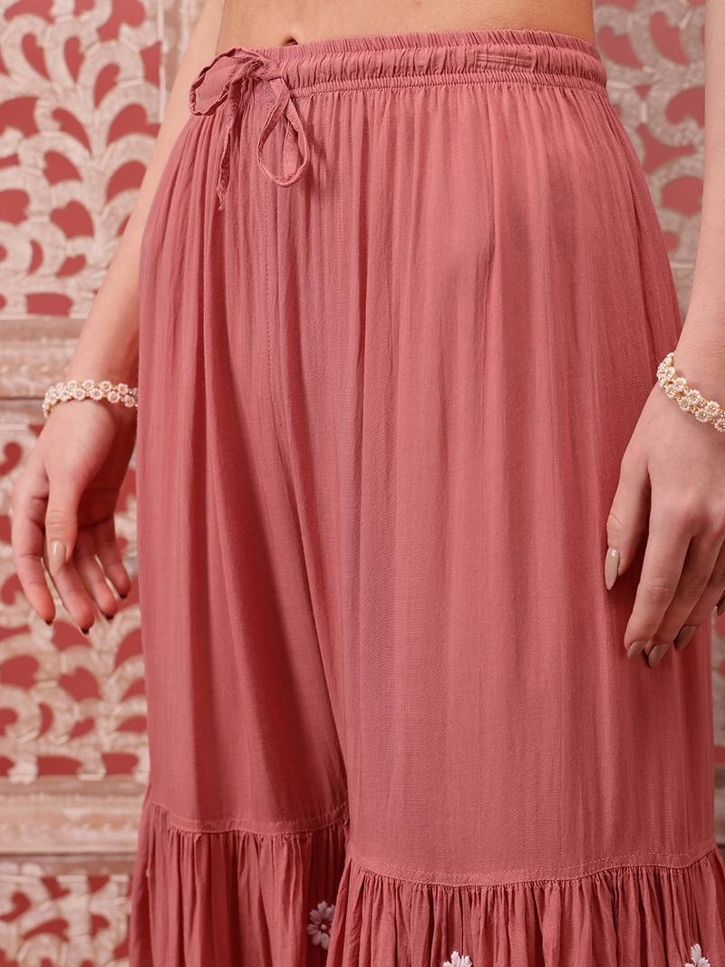 Hand embroidered dusty peach modal lucknowi chikankari garara set