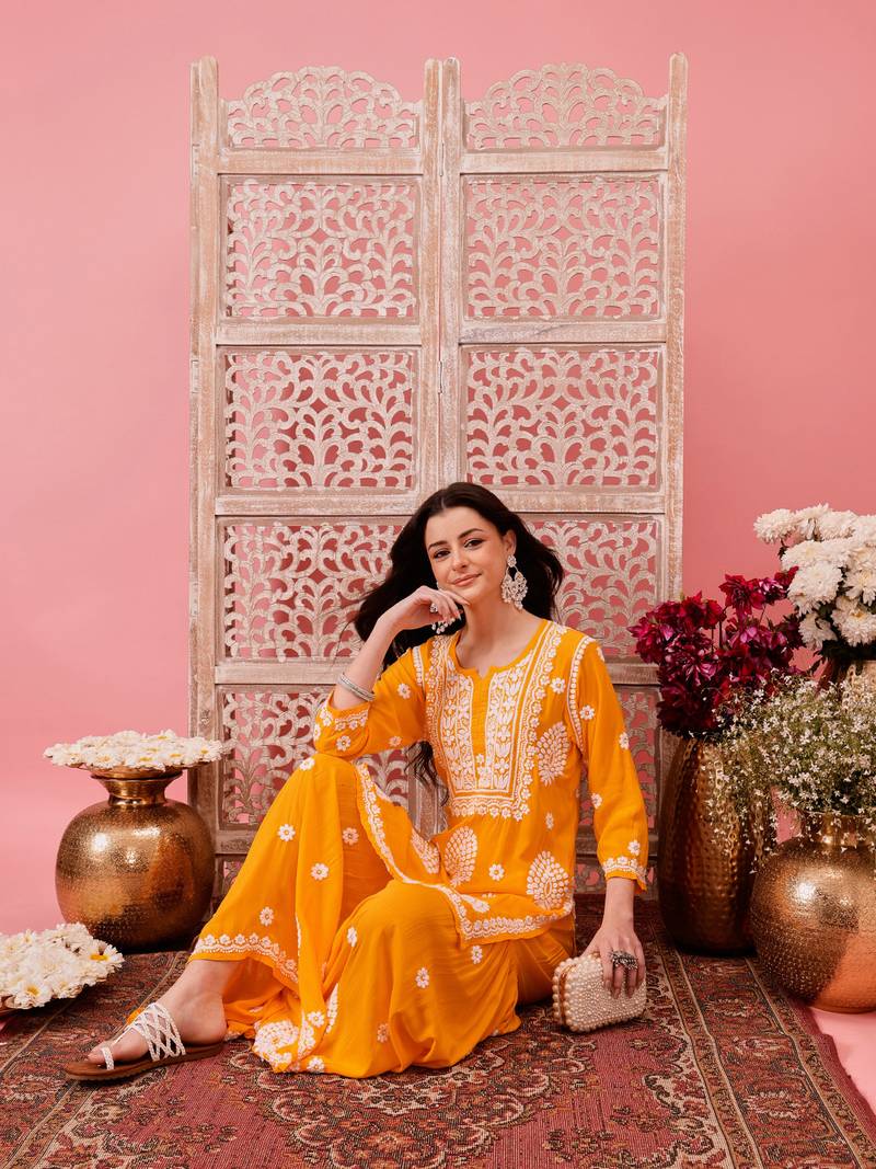 Hand embroidered yellow modal lucknowi chikankari garara set