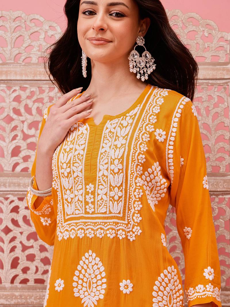 Hand embroidered yellow modal lucknowi chikankari garara set