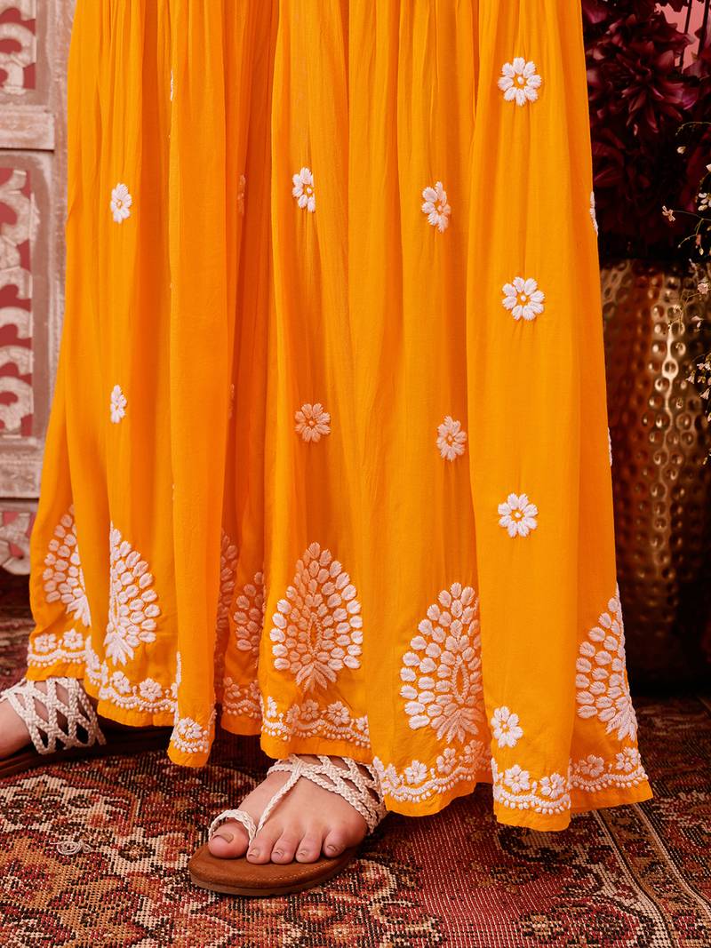 Hand embroidered yellow modal lucknowi chikankari garara set