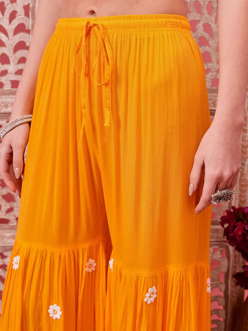 Hand embroidered yellow modal lucknowi chikankari garara set