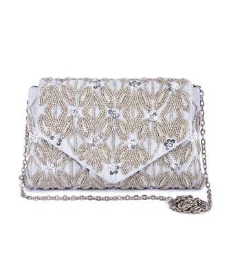 Grey raw silk hand embroidered clutch bag 1