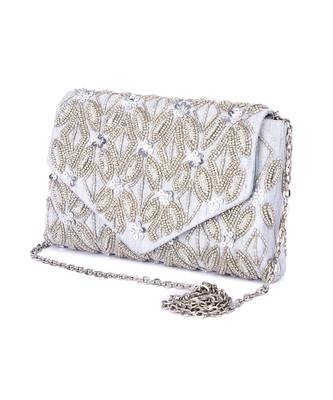 Grey raw silk hand embroidered clutch bag 2