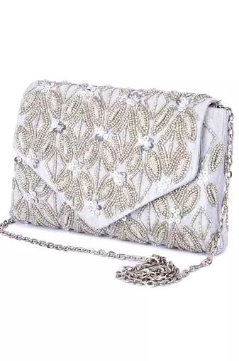 Grey raw silk hand embroidered clutch bag