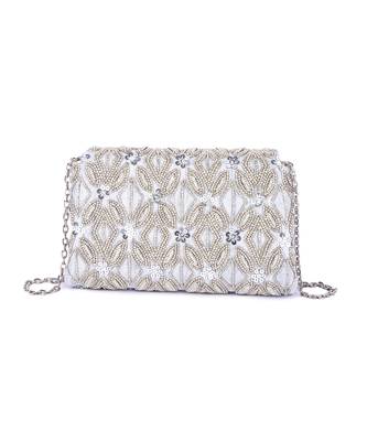 Grey raw silk hand embroidered clutch bag 3