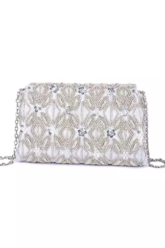Grey raw silk hand embroidered clutch bag