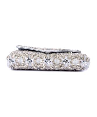 Grey raw silk hand embroidered clutch bag 4