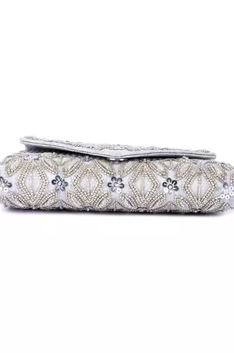 Grey raw silk hand embroidered clutch bag