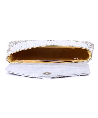 Grey raw silk hand embroidered clutch bag 5