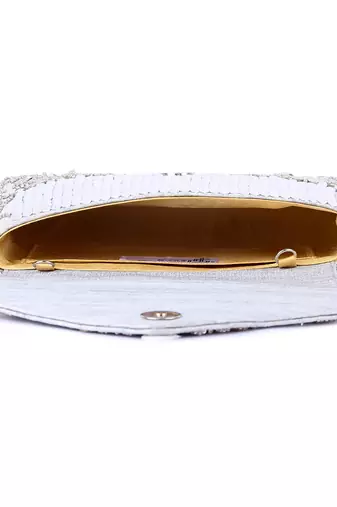 Grey raw silk hand embroidered clutch bag