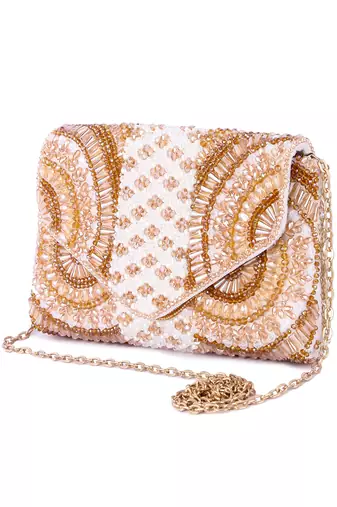 Ivory raw silk hand embroidered clutch bag