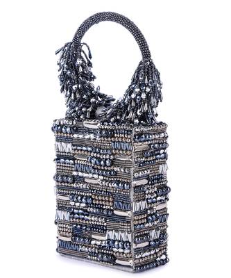 Blue raw silk hand embroidered clutch bag 3