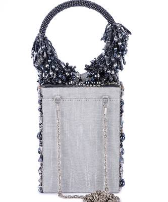Blue raw silk hand embroidered clutch bag 4