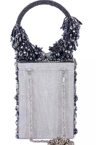 Blue raw silk hand embroidered clutch bag