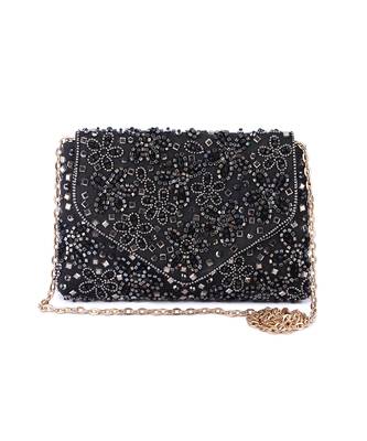 Black raw silk hand embroidered clutch bag 1