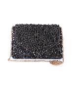 Black raw silk hand embroidered clutch bag