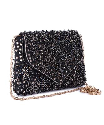 Black raw silk hand embroidered clutch bag 2