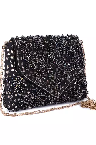 Black raw silk hand embroidered clutch bag