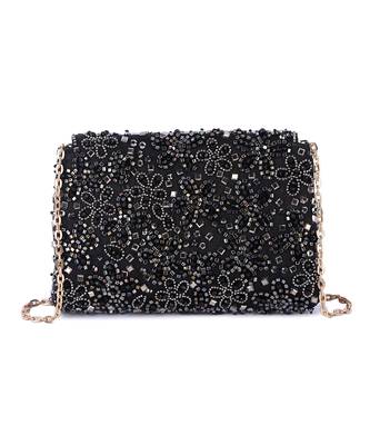 Black raw silk hand embroidered clutch bag 3