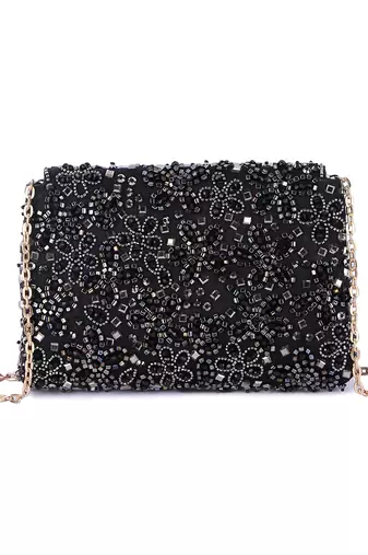 Black raw silk hand embroidered clutch bag